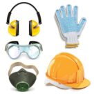 Vector Protective Equipment, including earphones, helmet, respirator, goggles and gloves, isolated on white background