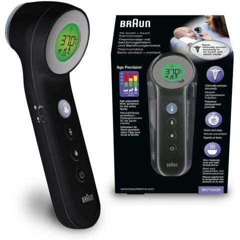 Braun No Touch + Touch thermometer with Age Precision, BNT400 BLACK براون جهاز ميزان حرارة بدون لمس لون أسود